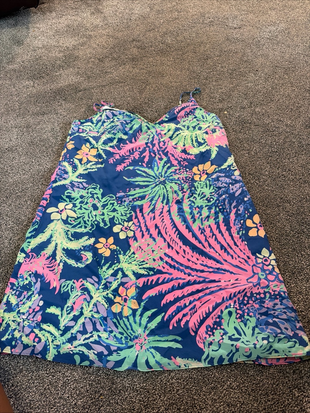Lilly Pulitzer Navy Sundress with Pink, Green & Yellow Tropical Print